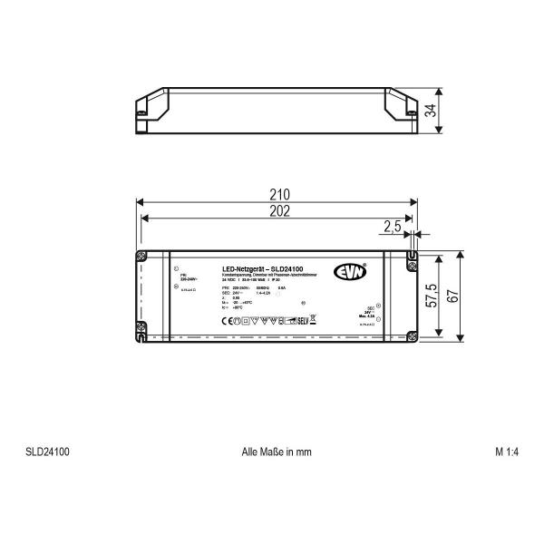 EVN SLD-Serie Netzgerät 24V/DC, 33,6-100W, IP20, Primär: 220-240V/AC, dimmbar mit Phasenan- und Phasenabschnitt-Dimmer (SLD24100)