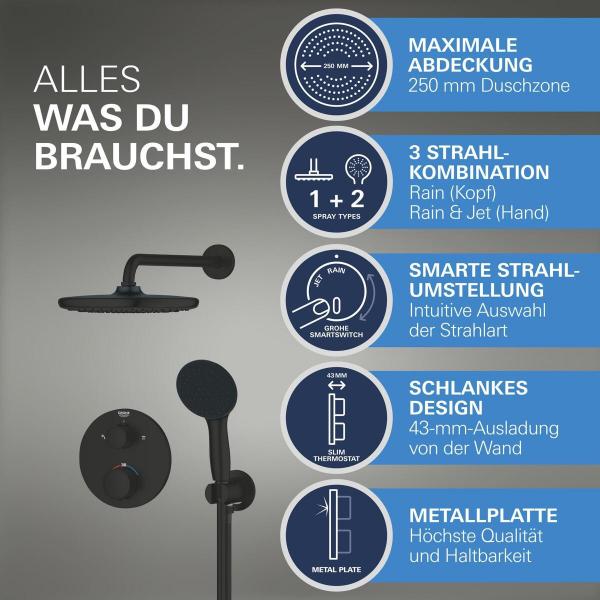 GROHE Precision Thermostat Duschsystem, Unterputz, Quickfix, mit Vitalio Start 250, mattschwarz (348832430)
