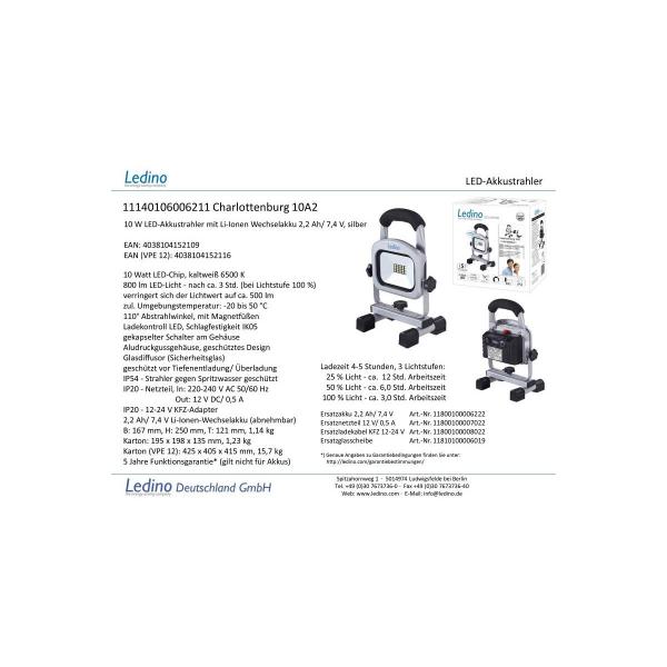 Ledino LED-Akkustrahler 10W Charlottenburg 10A2, silber (11140106006211)