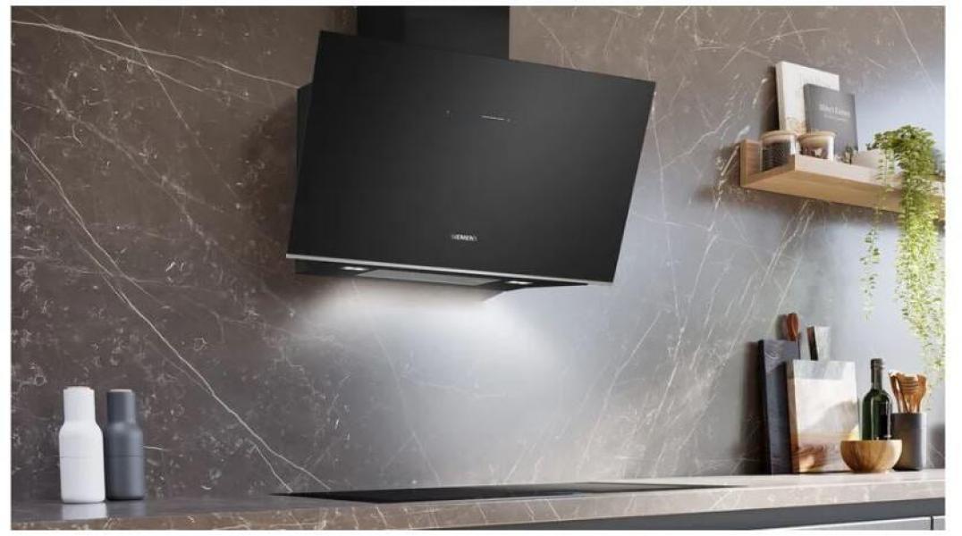 Siemens LC91KLT60 A+ Kopffreihaube, 90 cm breit, 1.007 m³/h, cookConnect System, iQdrive-Motor, Leistung 3-stufig + 2 Intensiv, Klarglas schwarz bedruckt