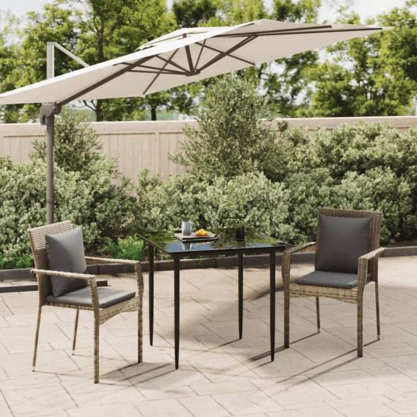 ARDEBO.de - 3-tlg. Garten-Essgruppe mit Kissen Schwarz und Grau Poly Rattan