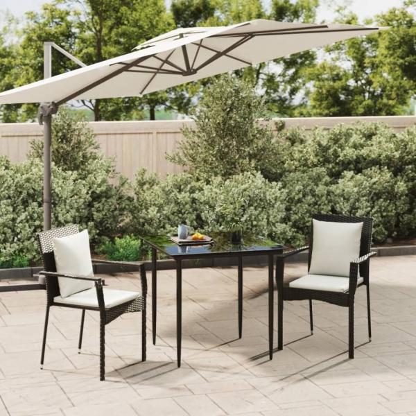 ARDEBO.de - 3-tlg. Garten-Essgruppe mit Kissen Schwarz Poly Rattan