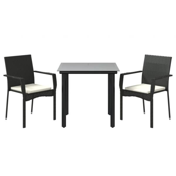 3-tlg. Garten-Essgruppe mit Kissen Schwarz Poly Rattan