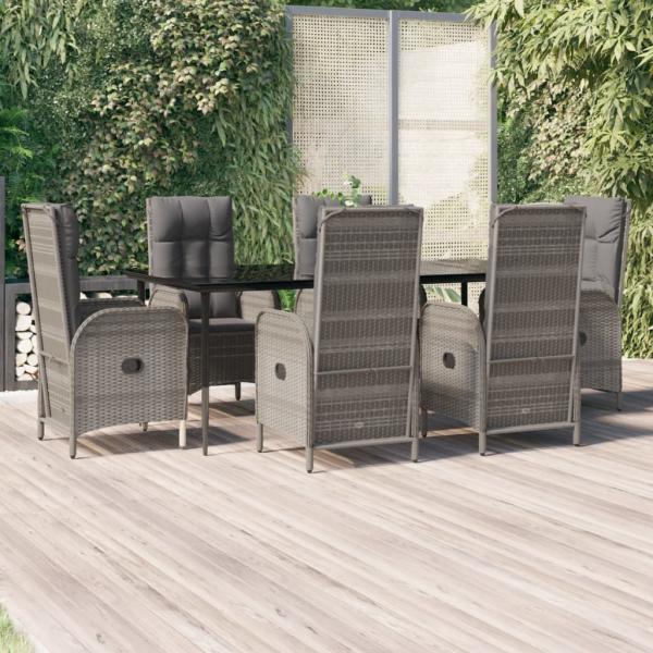ARDEBO.de - 7-tlg. Garten-Essgruppe mit Kissen Schwarz und Grau Poly Rattan