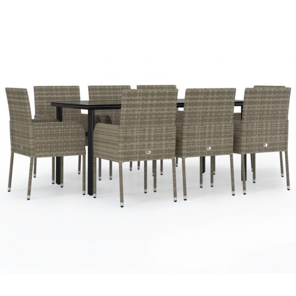 9-tlg. Garten-Essgruppe mit Kissen Schwarz und Grau Poly Rattan