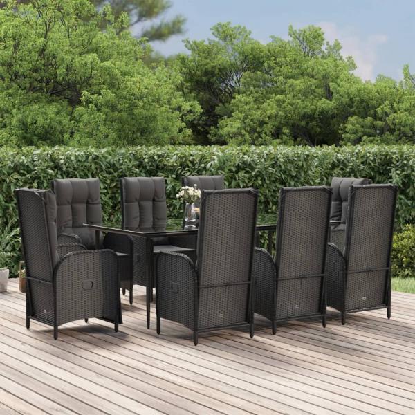 ARDEBO.de - 9-tlg. Garten-Essgruppe mit Kissen Schwarz Poly Rattan