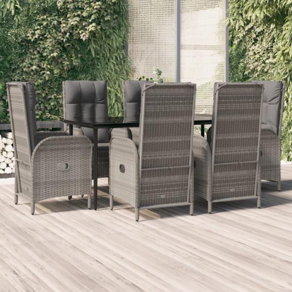 ARDEBO.de - 7-tlg. Garten-Essgruppe mit Kissen Schwarz und Grau Poly Rattan