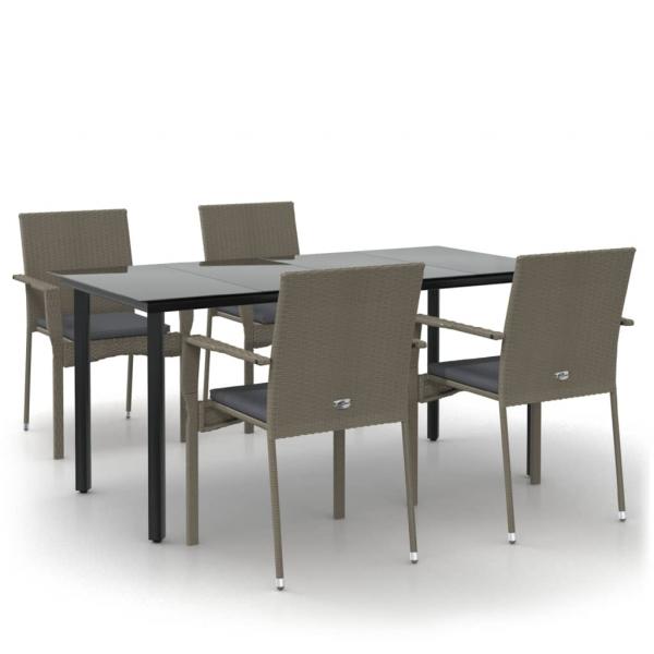5-tlg. Garten-Essgruppe mit Kissen Schwarz und Grau Poly Rattan