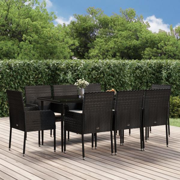 ARDEBO.de - 9-tlg. Garten-Essgruppe mit Kissen Schwarz Poly Rattan