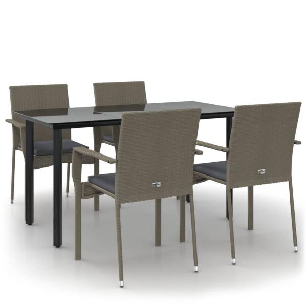 5-tlg. Garten-Essgruppe mit Kissen Schwarz und Grau Poly Rattan