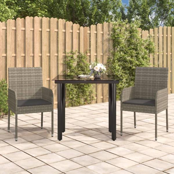 ARDEBO.de - 3-tlg. Garten-Essgruppe mit Kissen Schwarz und Grau Poly Rattan
