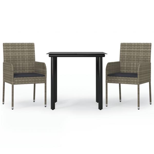 3-tlg. Garten-Essgruppe mit Kissen Schwarz und Grau Poly Rattan