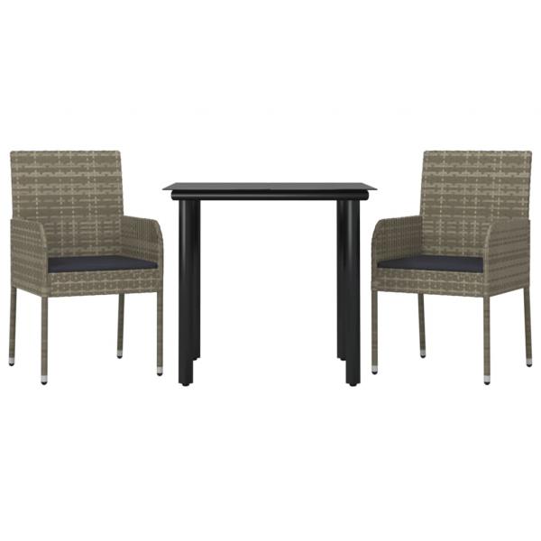 3-tlg. Garten-Essgruppe mit Kissen Schwarz und Grau Poly Rattan