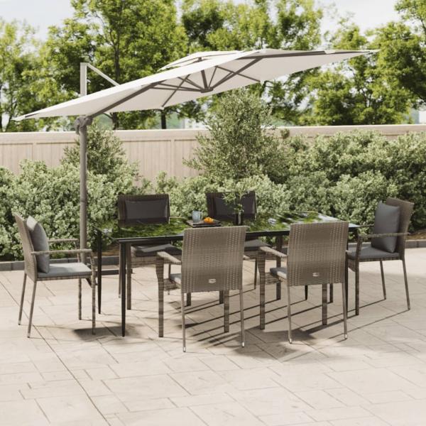 ARDEBO.de - 7-tlg. Garten-Essgruppe mit Kissen Schwarz und Grau Poly Rattan