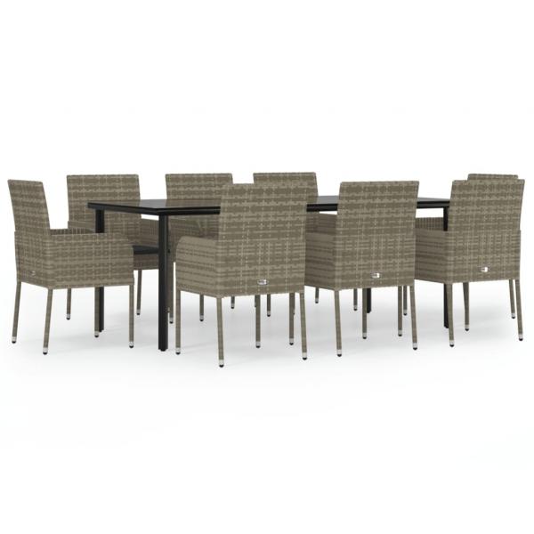 9-tlg. Garten-Essgruppe mit Kissen Schwarz und Grau Poly Rattan