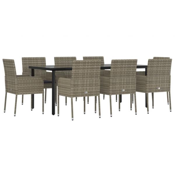 9-tlg. Garten-Essgruppe mit Kissen Schwarz und Grau Poly Rattan