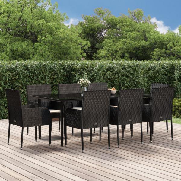 ARDEBO.de - 9-tlg. Garten-Essgruppe mit Kissen Schwarz Poly Rattan