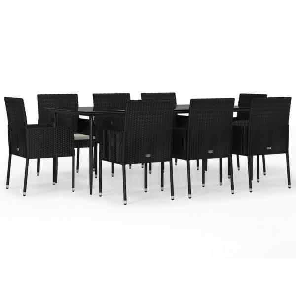 9-tlg. Garten-Essgruppe mit Kissen Schwarz Poly Rattan