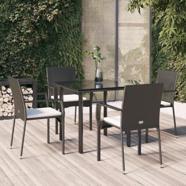 ARDEBO.de - 5-tlg. Garten-Essgruppe mit Kissen Schwarz Poly Rattan