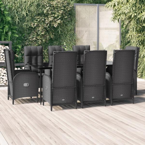 ARDEBO.de - 9-tlg. Garten-Essgruppe mit Kissen Schwarz Poly Rattan
