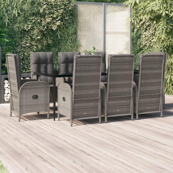 ARDEBO.de - 9-tlg. Garten-Essgruppe mit Kissen Schwarz und Grau Poly Rattan