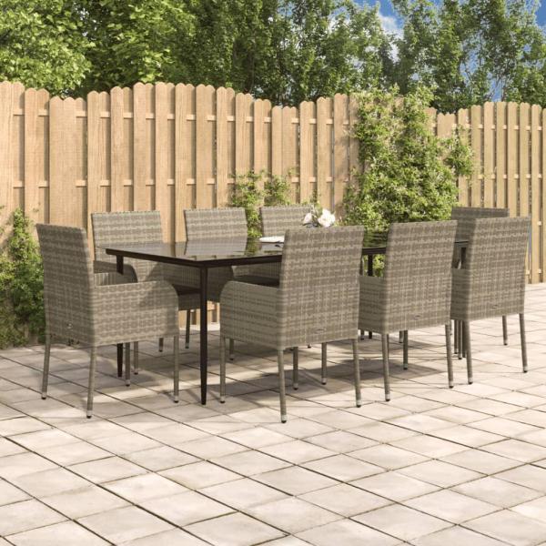 ARDEBO.de - 9-tlg. Garten-Essgruppe mit Kissen Schwarz und Grau Poly Rattan