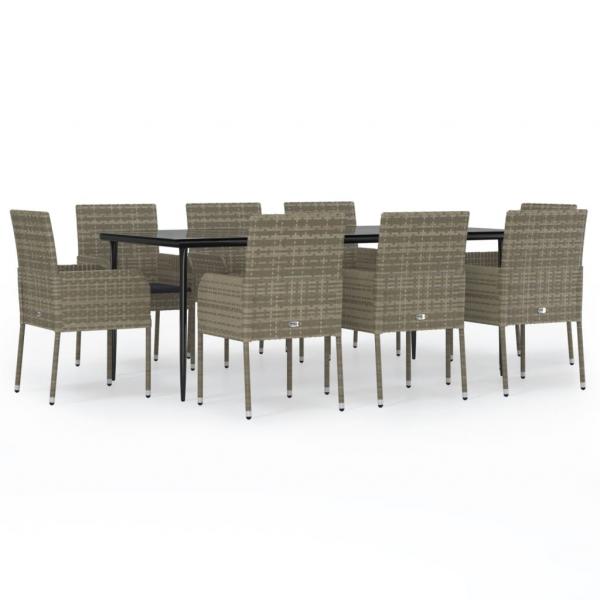 9-tlg. Garten-Essgruppe mit Kissen Schwarz und Grau Poly Rattan