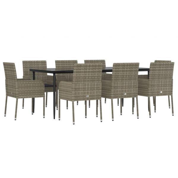 9-tlg. Garten-Essgruppe mit Kissen Schwarz und Grau Poly Rattan