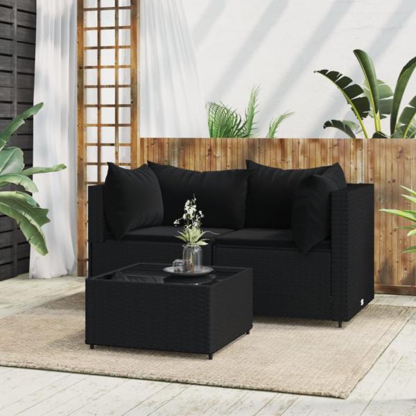 ARDEBO.de - 3-tlg. Garten-Lounge-Set mit Kissen Schwarz Poly Rattan