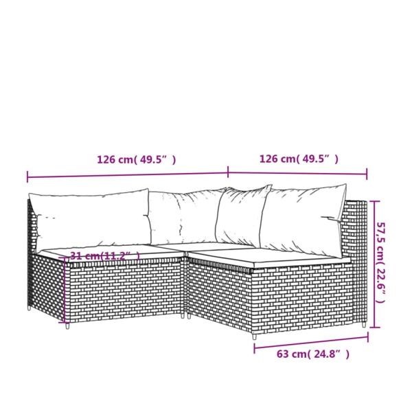 ARDEBO.de - 3-tlg. Garten-Lounge-Set mit Kissen Grau Poly Rattan