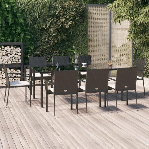 ARDEBO.de - 9-tlg. Garten-Essgruppe mit Kissen Schwarz Poly Rattan