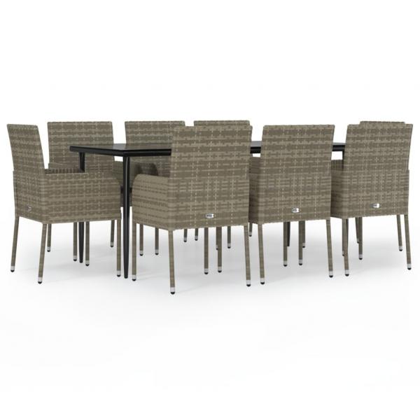 9-tlg. Garten-Essgruppe mit Kissen Schwarz und Grau Poly Rattan