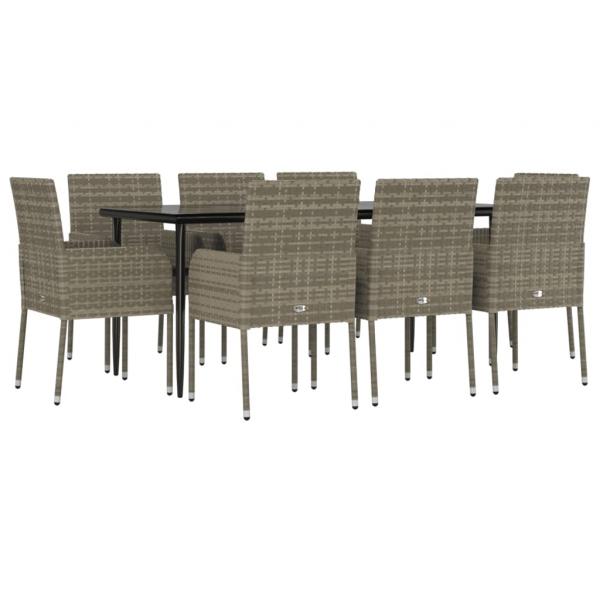 9-tlg. Garten-Essgruppe mit Kissen Schwarz und Grau Poly Rattan