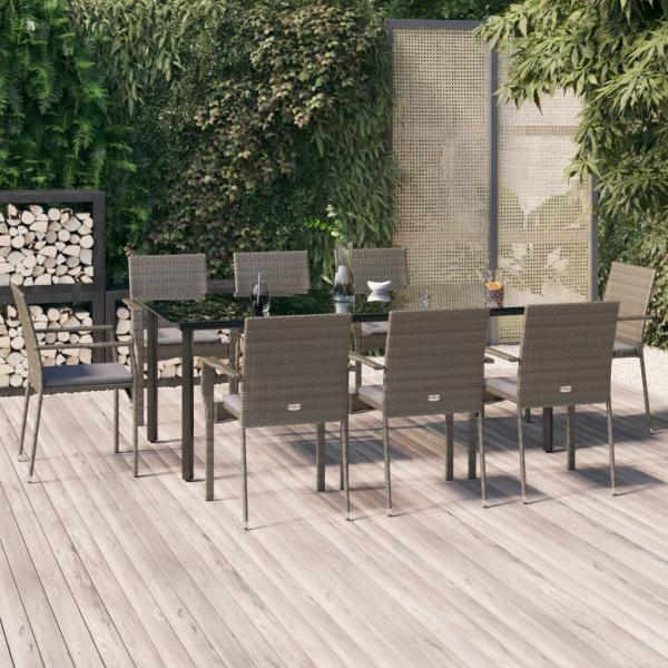 ARDEBO.de - 9-tlg. Garten-Essgruppe mit Kissen Schwarz und Grau Poly Rattan
