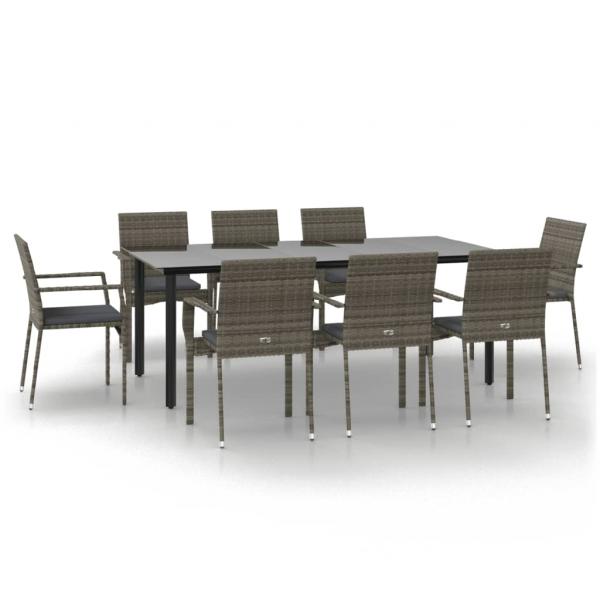 9-tlg. Garten-Essgruppe mit Kissen Schwarz und Grau Poly Rattan