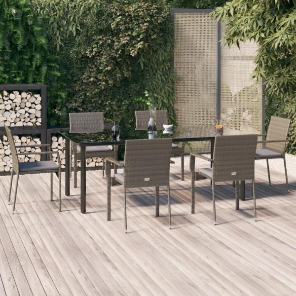 ARDEBO.de - 7-tlg. Garten-Essgruppe mit Kissen Schwarz und Grau Poly Rattan