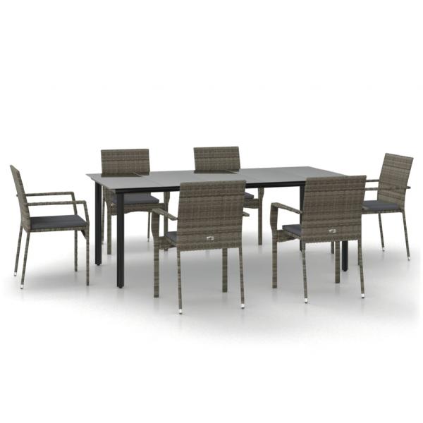 7-tlg. Garten-Essgruppe mit Kissen Schwarz und Grau Poly Rattan