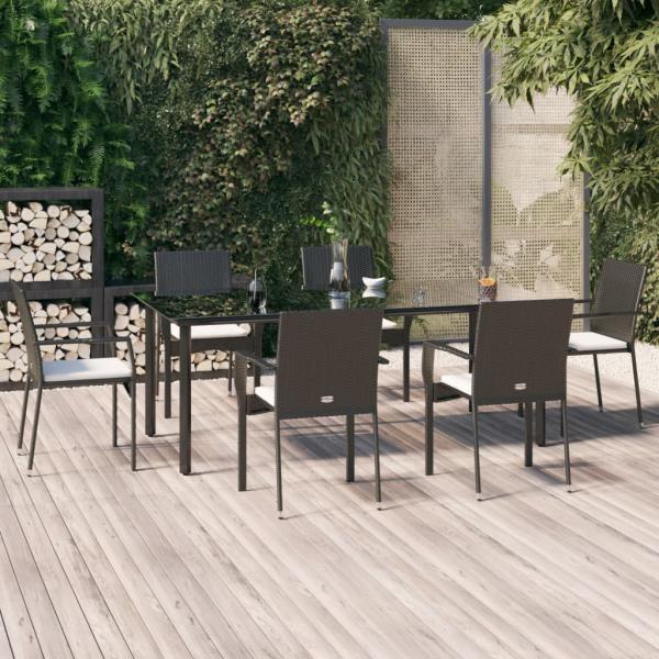 ARDEBO.de - 7-tlg. Garten-Essgruppe mit Kissen Schwarz Poly Rattan