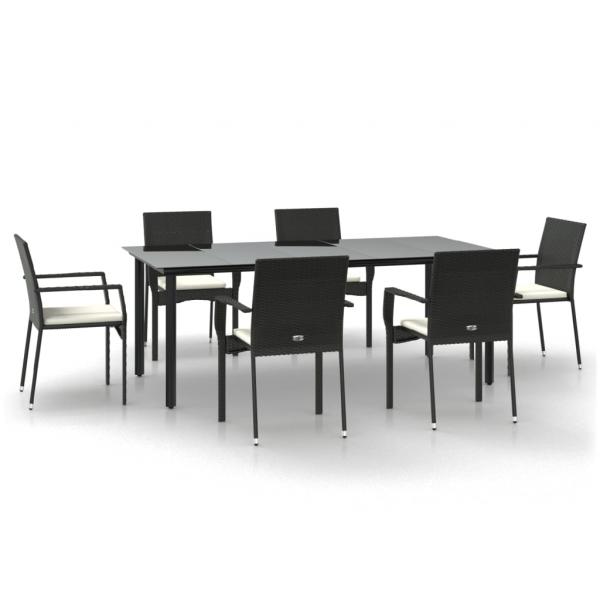 7-tlg. Garten-Essgruppe mit Kissen Schwarz Poly Rattan