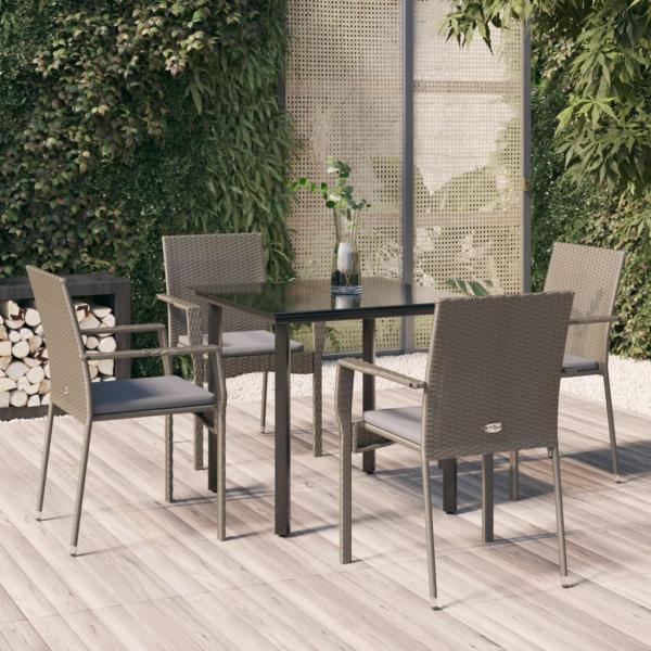 ARDEBO.de - 5-tlg. Garten-Essgruppe mit Kissen Schwarz und Grau Poly Rattan