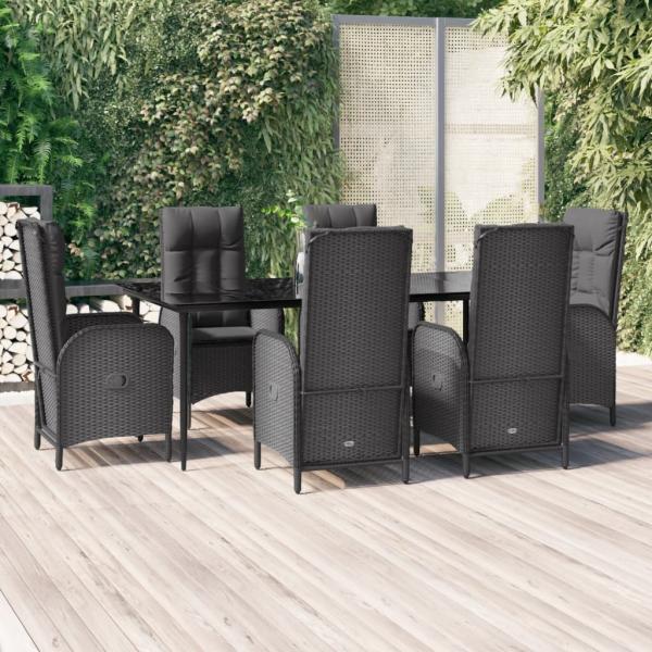 ARDEBO.de - 7-tlg. Garten-Essgruppe mit Kissen Schwarz Poly Rattan