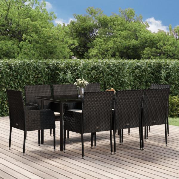 ARDEBO.de - 9-tlg. Garten-Essgruppe mit Kissen Schwarz Poly Rattan
