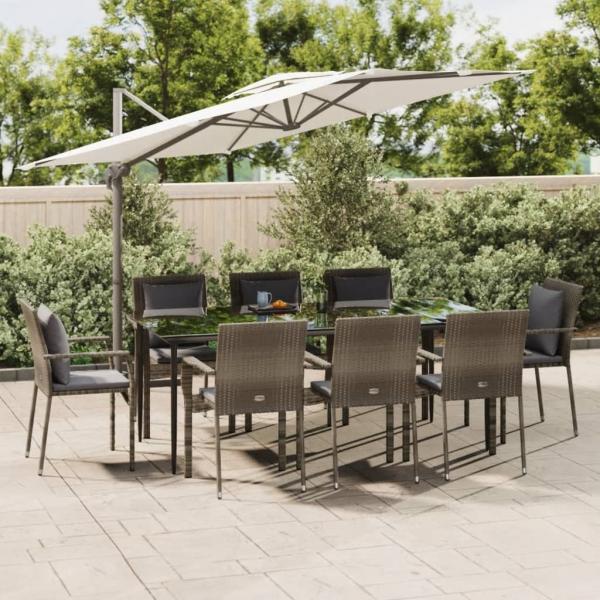 ARDEBO.de - 9-tlg. Garten-Essgruppe mit Kissen Schwarz und Grau Poly Rattan