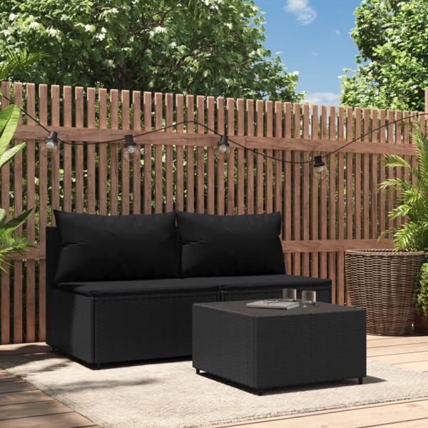 ARDEBO.de - 3-tlg. Garten-Lounge-Set mit Kissen Schwarz Poly Rattan