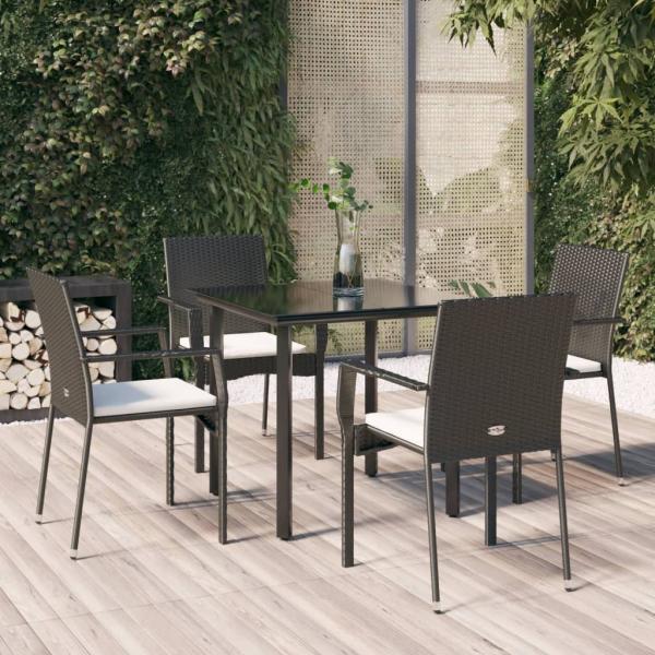 ARDEBO.de - 5-tlg. Garten-Essgruppe mit Kissen Schwarz Poly Rattan