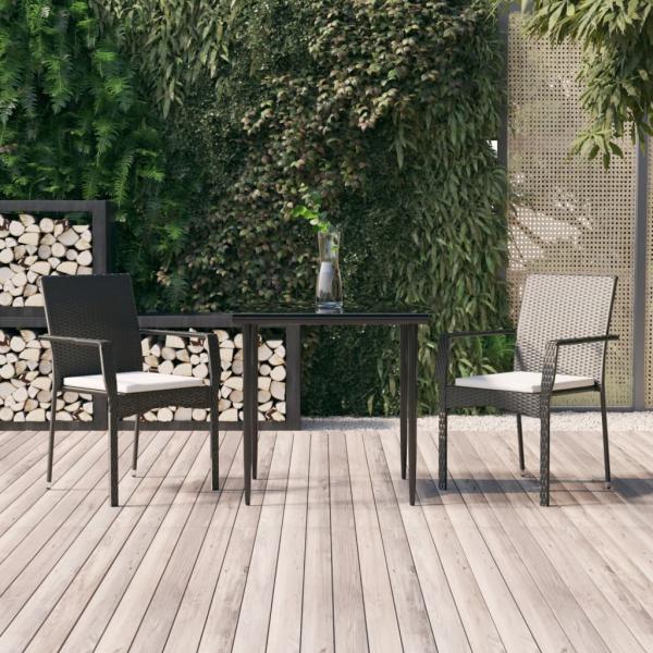 ARDEBO.de - 3-tlg. Garten-Essgruppe mit Kissen Schwarz Poly Rattan