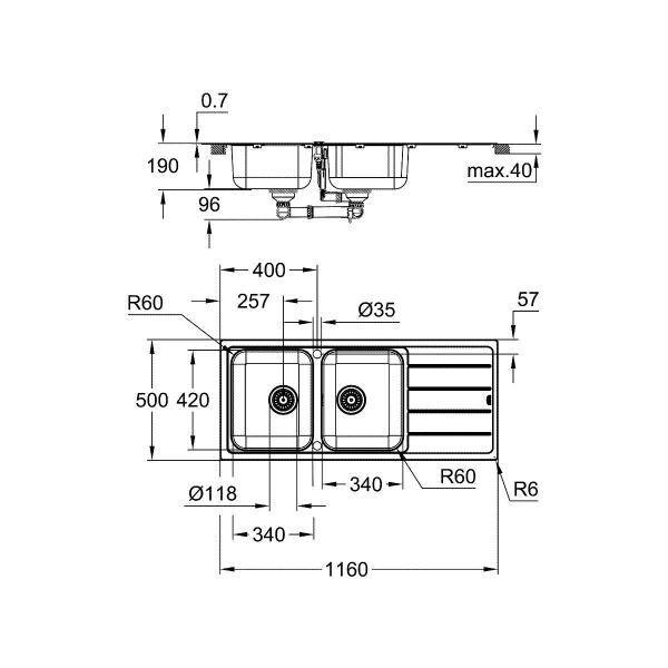 GROHE K500 Edelstahlspüle mit Abtropffläche, 1160x500mm, edelstahl (31588SD1)