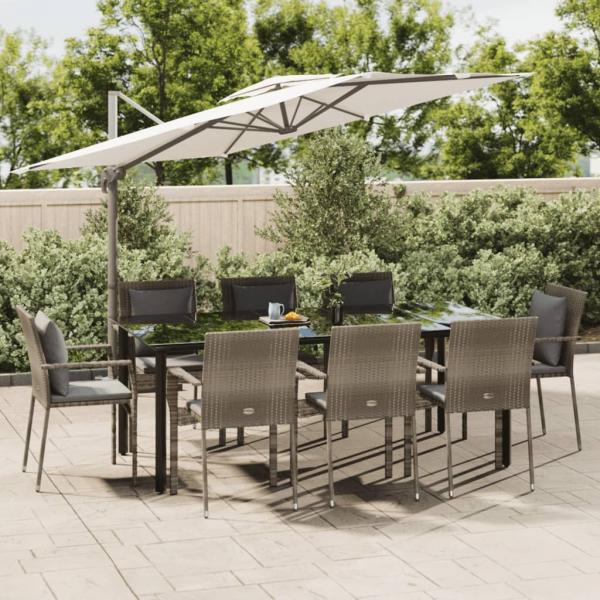 ARDEBO.de - 9-tlg. Garten-Essgruppe mit Kissen Schwarz und Grau Poly Rattan
