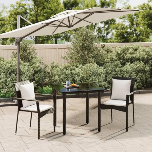 ARDEBO.de - 3-tlg. Garten-Essgruppe mit Kissen Schwarz Poly Rattan