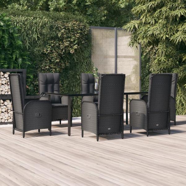 ARDEBO.de - 7-tlg. Garten-Essgruppe mit Kissen Schwarz Poly Rattan